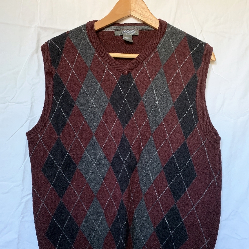 Method, Size L, Maroon Checkered V-neck Sweater Vest, 100% Cotton